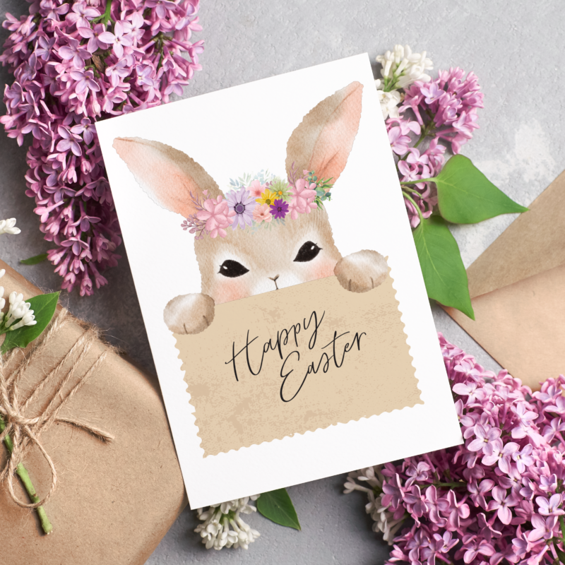 Kartka okolicznościowa - Happy Easter - zając w wianku - 12 x 17 cm