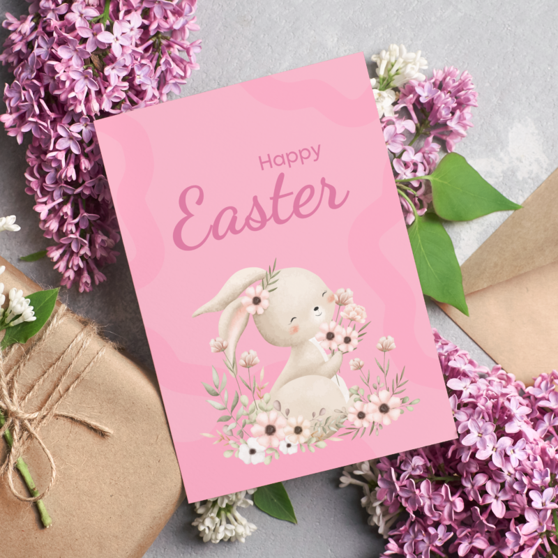 Kartka okolicznościowa - Happy Easter - zajączek w kwiatach - 12 x 17 cm