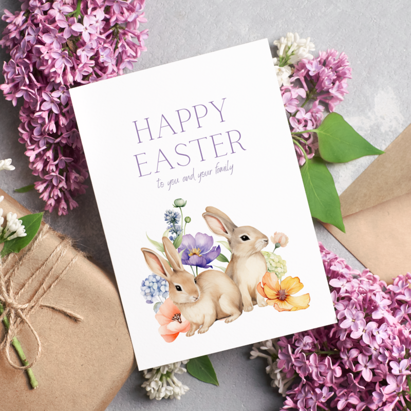 Kartka okolicznościowa - Happy Easter - zajączki w kwiatach - 12 x 17 cm